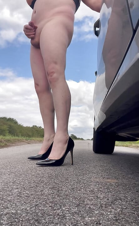 Crossdresser husband windy summers day wanking outdoor exhib in heels dress tits n ass.