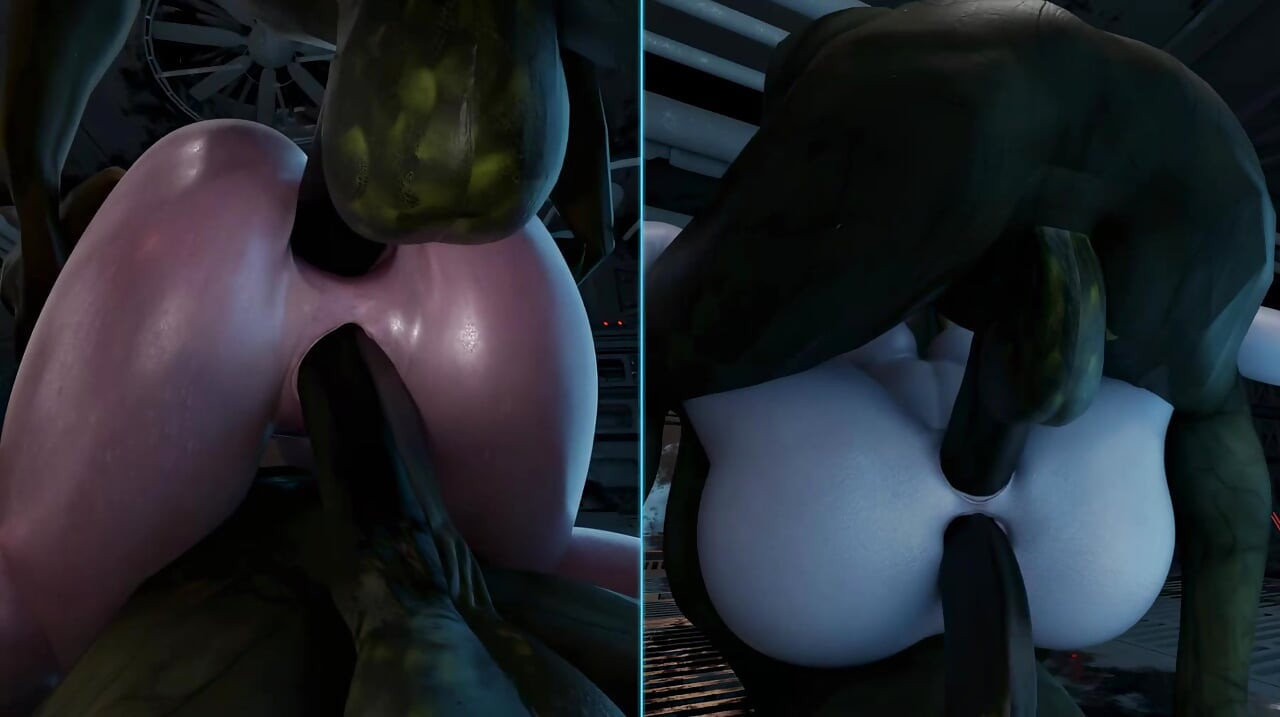 Lara i Tifa puše kurac ogre dok ih jebu u pičku i guzu u isto vrijeme. Čudovišna zabava 3D hentai igra