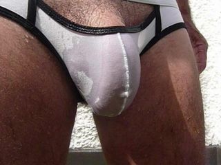 Wet white jock outdoors shows all
