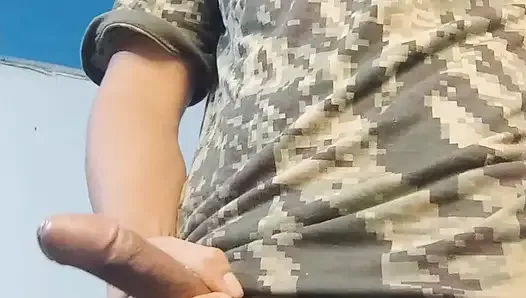 army soldier gets horny plays with his huge bulge and masturbates