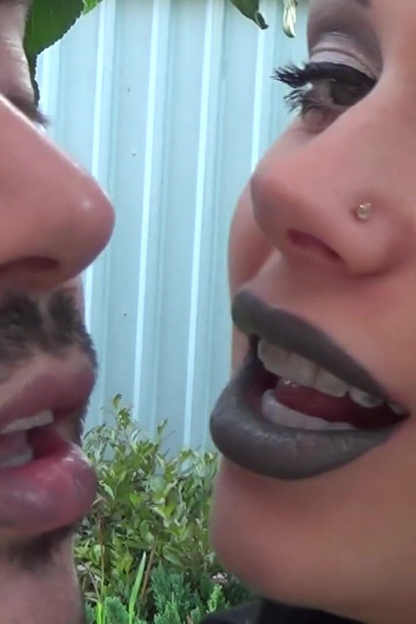 Covering Alex with khaki shiny lipstick kisses all over his face outdoor! + Little tongue play!
