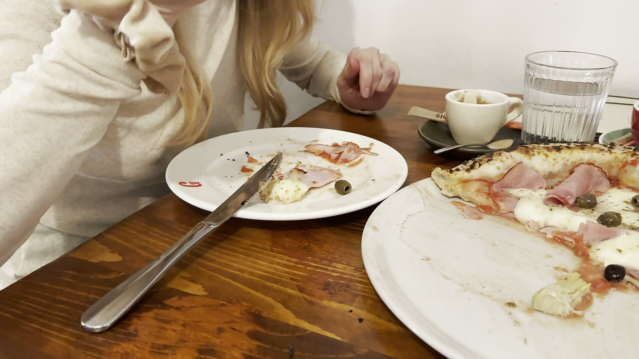 Having Pizza in a sheer blouse in public  in a restaurant exposing my big nipples