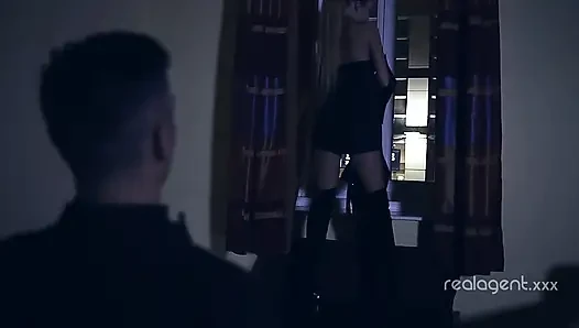 Slut blows long cock at night and gets her face covered with cum