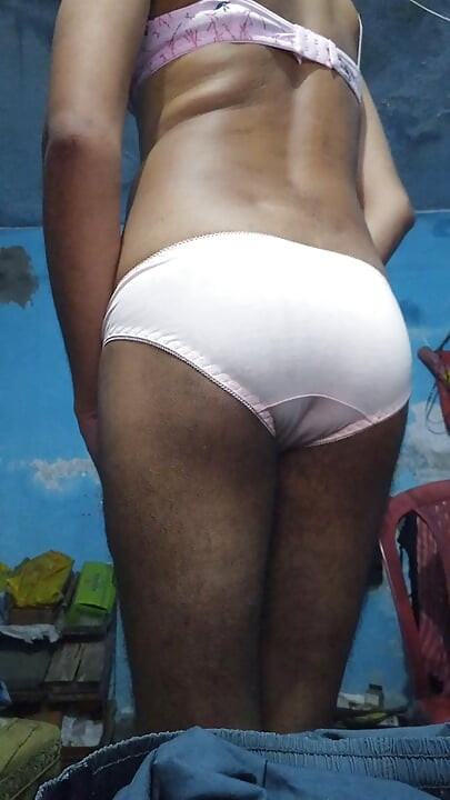 Horny Teen Femboy Wearing His Step Sister's Cute Bra and Panties While Jerking His Phimosis Dick Until Cum
