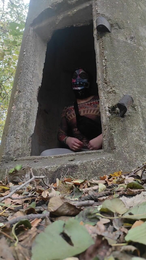 Exhibitionist crossdresser out in the woods in the bunker almost caught giving up slaves | Clip 1
