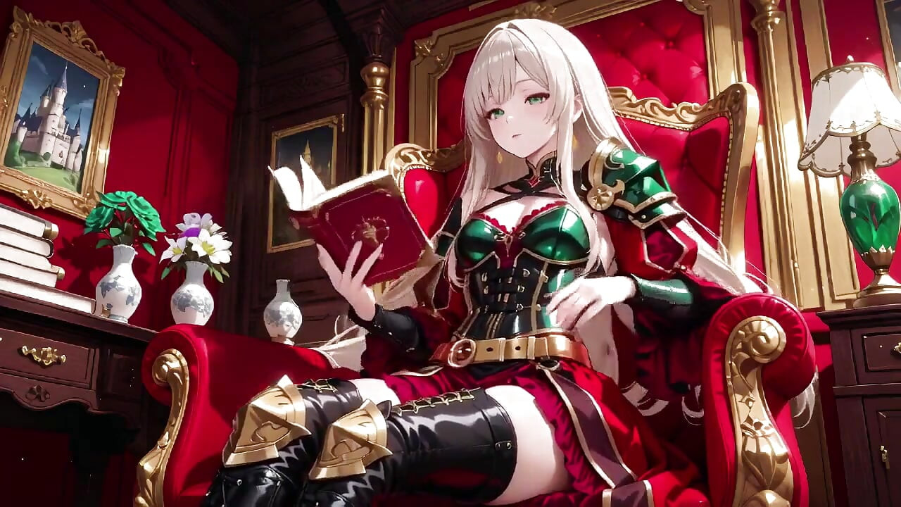 Forbidden Fantasy in Red & Green Armor! Blonde Knight Lounges Seductively While Her Silver -haired Partner Kneels to Serve
