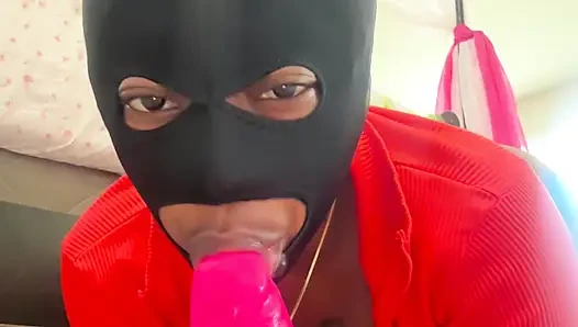 Busty Ebony in Mask Masturbates with a Huge Dildo
