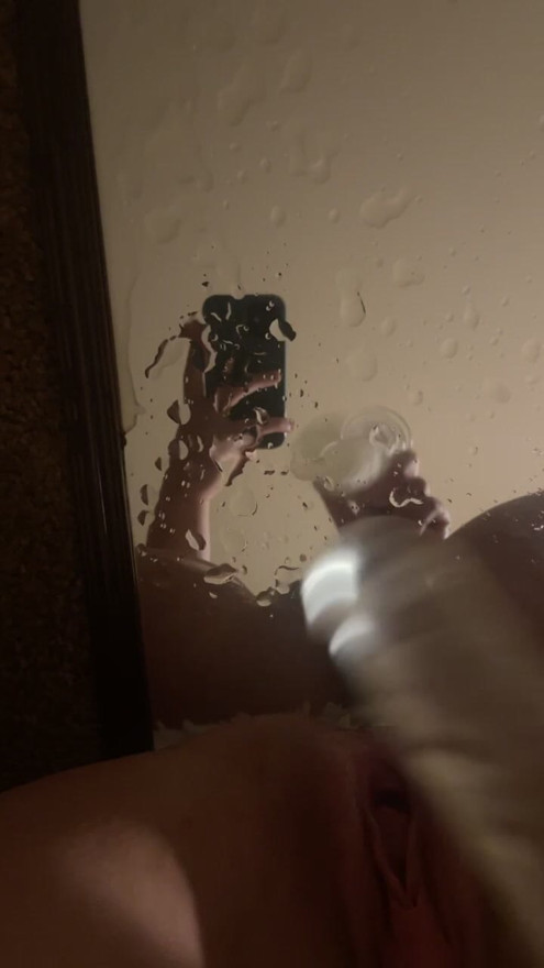 huge dildo makes me squirt all over my mirror