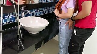Recording porn with my stepsister in a public bathroom