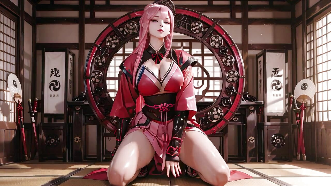 Pink-haired warrior kneeling on tatami, high-slit kimono slipping to reveal snowy thighs.