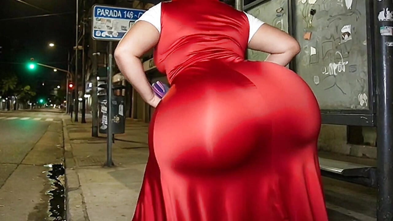 Big Ass Latina in Tight Red Party Dress Waiting for the Bus