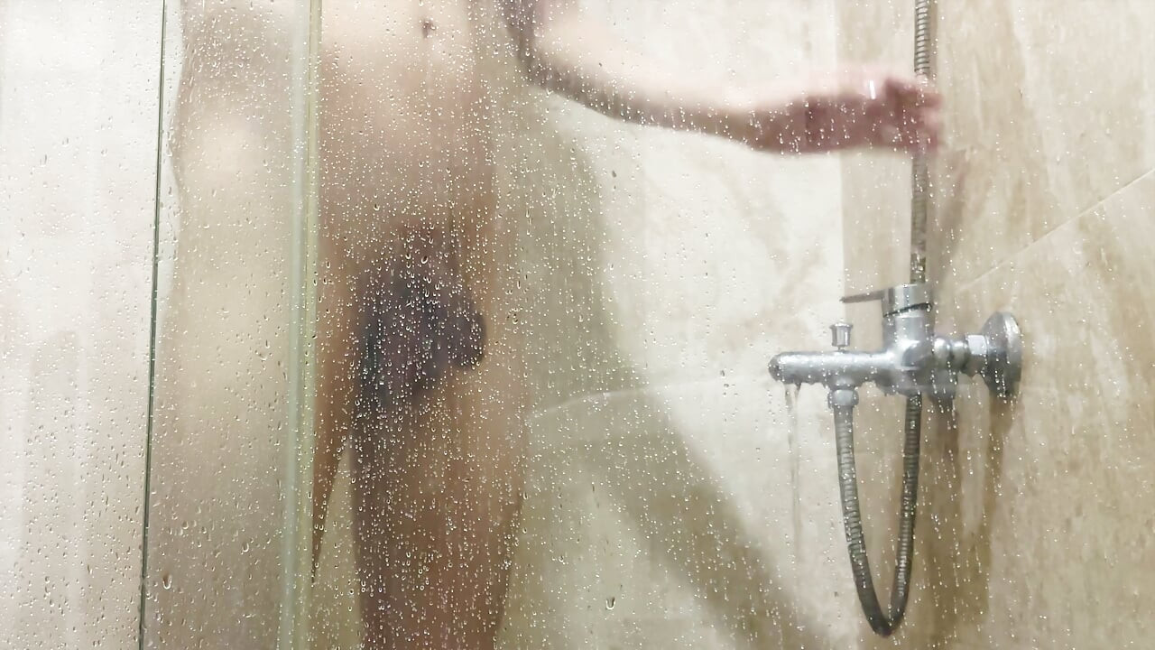 foreskin boy wash his penis and masturbating and cum at bathroom