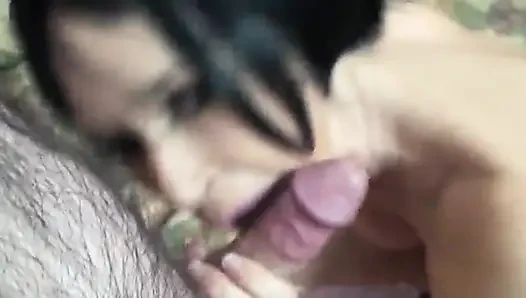 Randy cock sucking horny brunette babe takes cum in her mouth