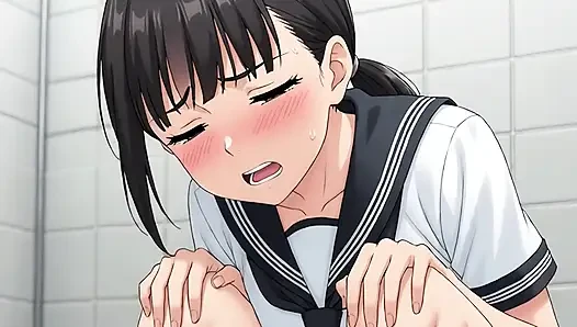 A female student squatting down in the bathroom, exposing her big butt