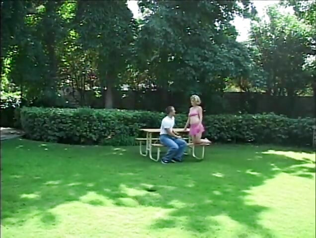 Big natural boobs tattooed blonde pussy fucking in the garden