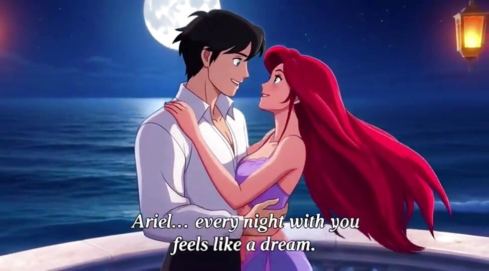 Ariel y Eric Moonlit con pasión en el balcón - romántico amor de anime en 3d