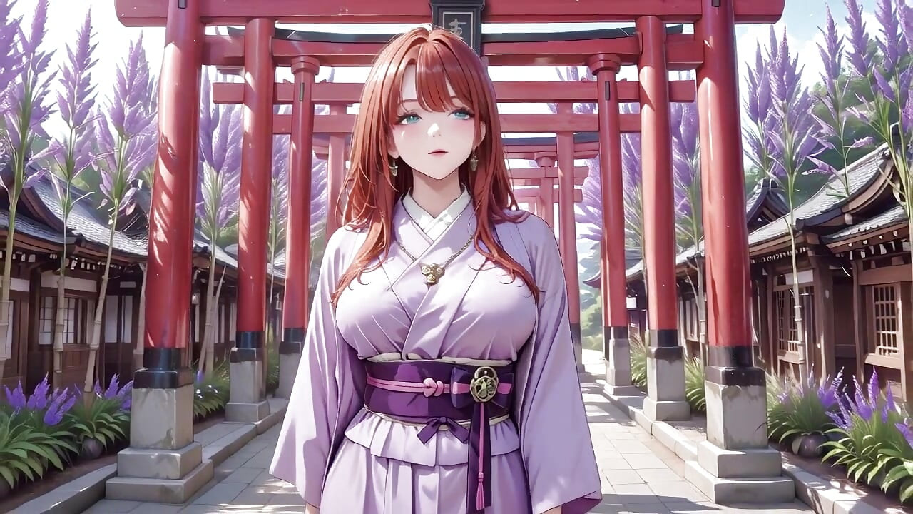 Kimono goddess rambut merah! Berlutut di bawah Gerbang Torii Suci, Dia menyesuaikan pakaiannya yang berpantat bulat dengan tatapan pemalu.