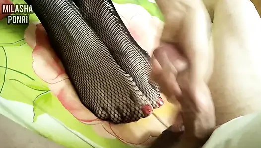 Real homemade footjob with stepsister in black stockings. LOTS OF CUM ON MY FEET