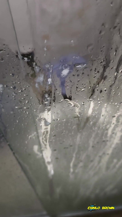 Powerful moment from "Camilo Brown Jerking His Big Uncut Cock in the Shower and Eating His Own Cum"