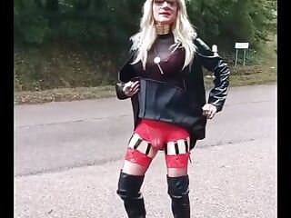 Crossdress in public in leather outfit part 1