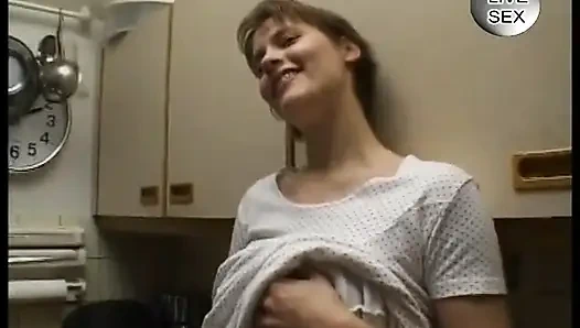 Busty brunette masturbating before handjob and doggystyle