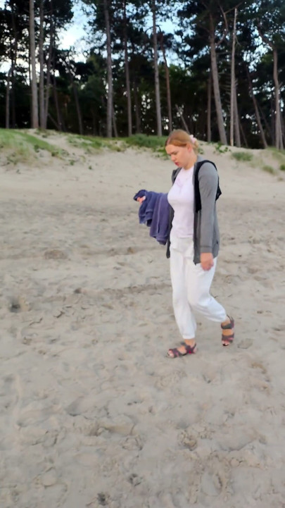 POV. You Watch as a Busty Model, of Your Presence, Strips Naked on the Beach, Bathes, and Plays in the Sand.