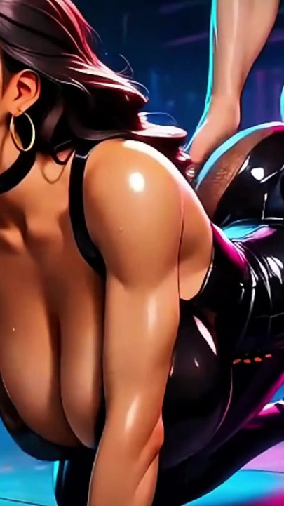 Heiße LATINa-schätzchen teilen sich einen großen schwanz in der Cyberpunk-bar - doppelter blowjob &anal (4K AI animiert) | Clip 2