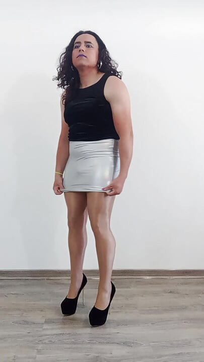 silver miniskirt and pantyhose