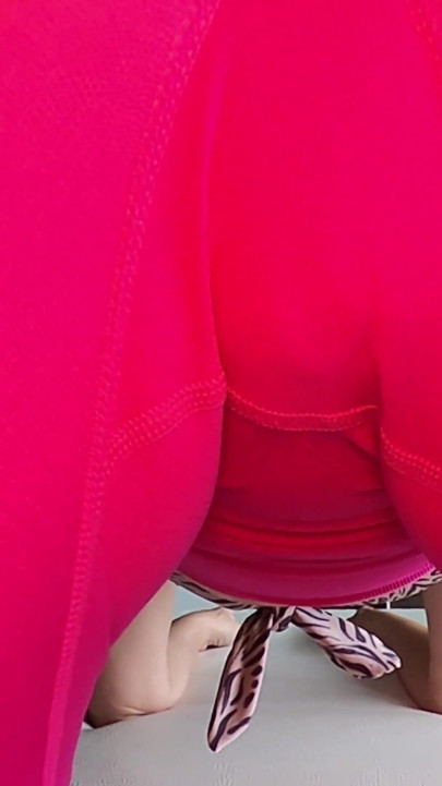 Stretching and Teasing in Yoga Pants Without Panties