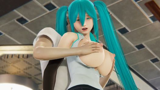 Miku 按摩她的胸部，舔她的屁股，并在她的阴户里插一根大假阳具。