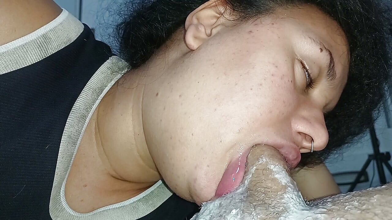 Restless little tongue-she works that big,greedy mouth all over the length of that hard cock.