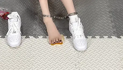 Self-mouth with Shredded Meat and White Socks and Masturbation