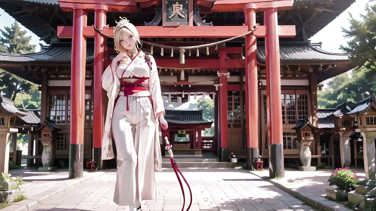 Blonde Kimono Girl's Shrine Secret! Kneeling Under the Torii Gate in a Beige Modified Kimono