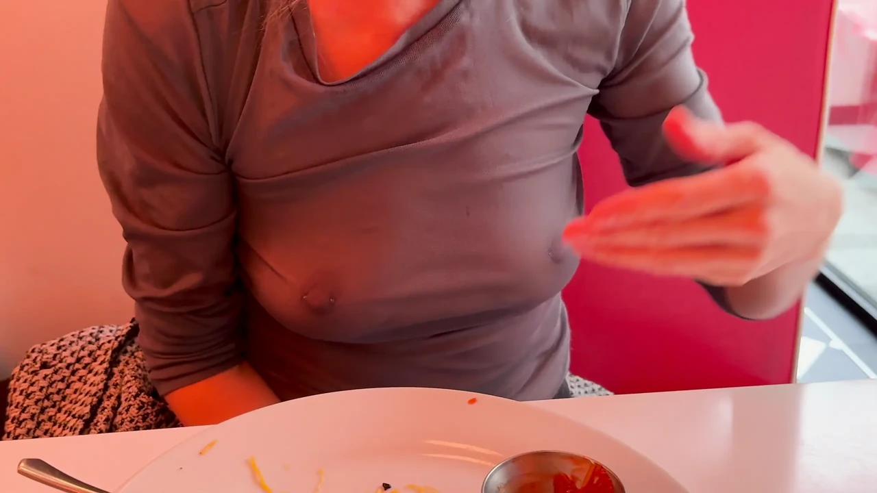 Having lunch in a restaurant wearing totaly sheer top exposing my pierced nipples and sexy boobs