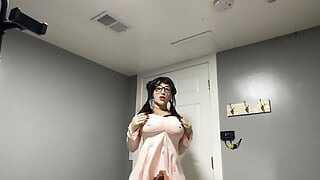 Hot trans wearing her sexy pink dress teasing huge tits