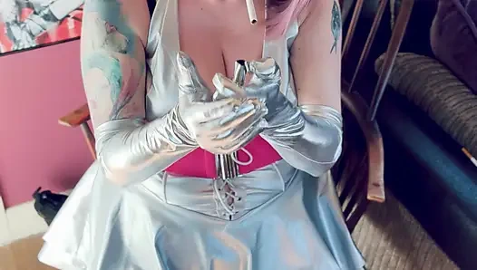 Barbarella Tribute! Tina Snua Dressed In Silver Including Knee High Boots & Gloves Smokes 2 Cigarettes Tip To Tail