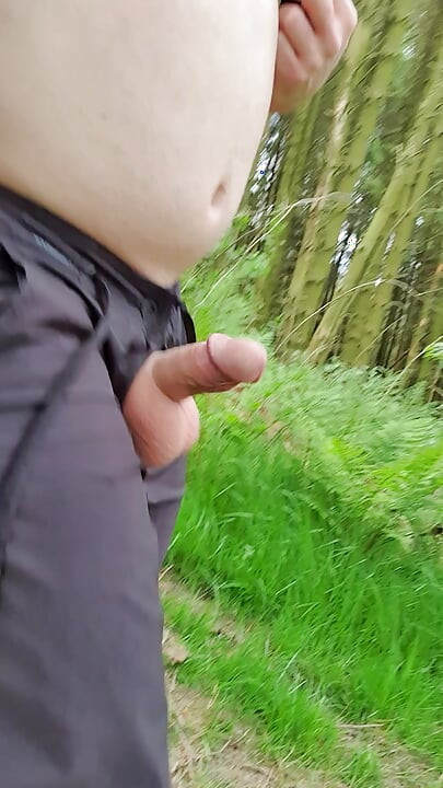 Walking around the forest with my smooth cock and balls out