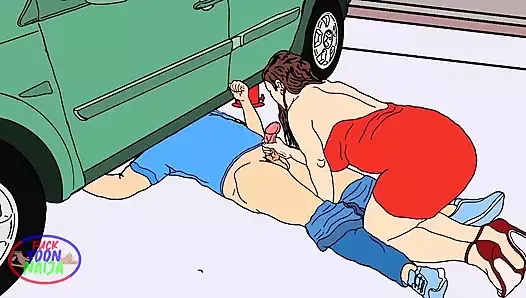 Stepmom collude with Santa, got me trapped under dad's car just to make her Christmas wish which was to fuck my dick come  true