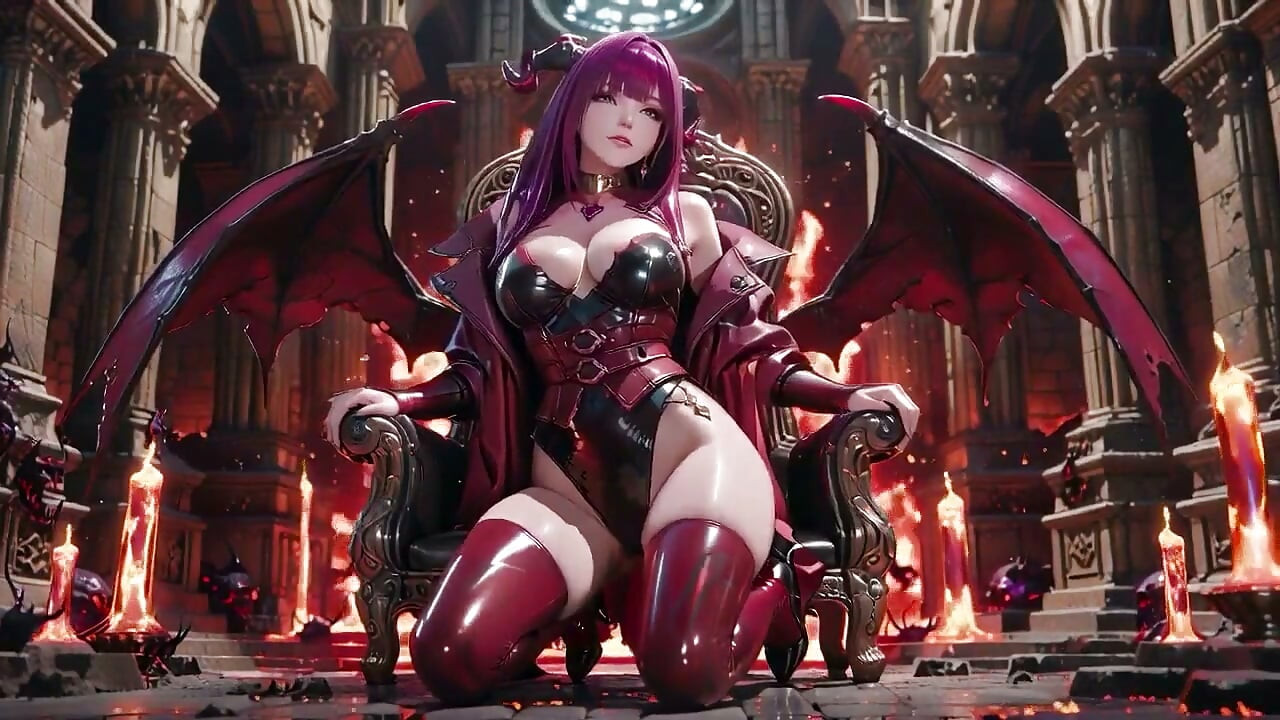 Purple-haired Demon Queen Arrives! Red Thigh-highs Against a Stark White Backdrop