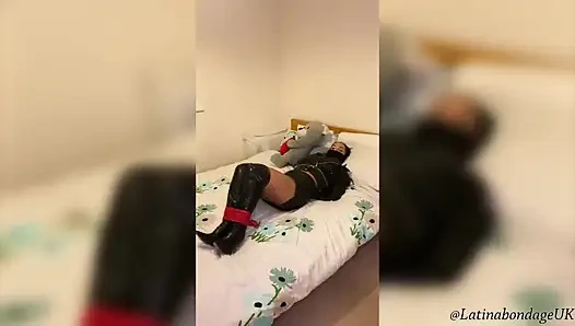 Latina in Leather Boots and Full Leather Outfit Tied Tight and Wrap Gagged (smaller Size)