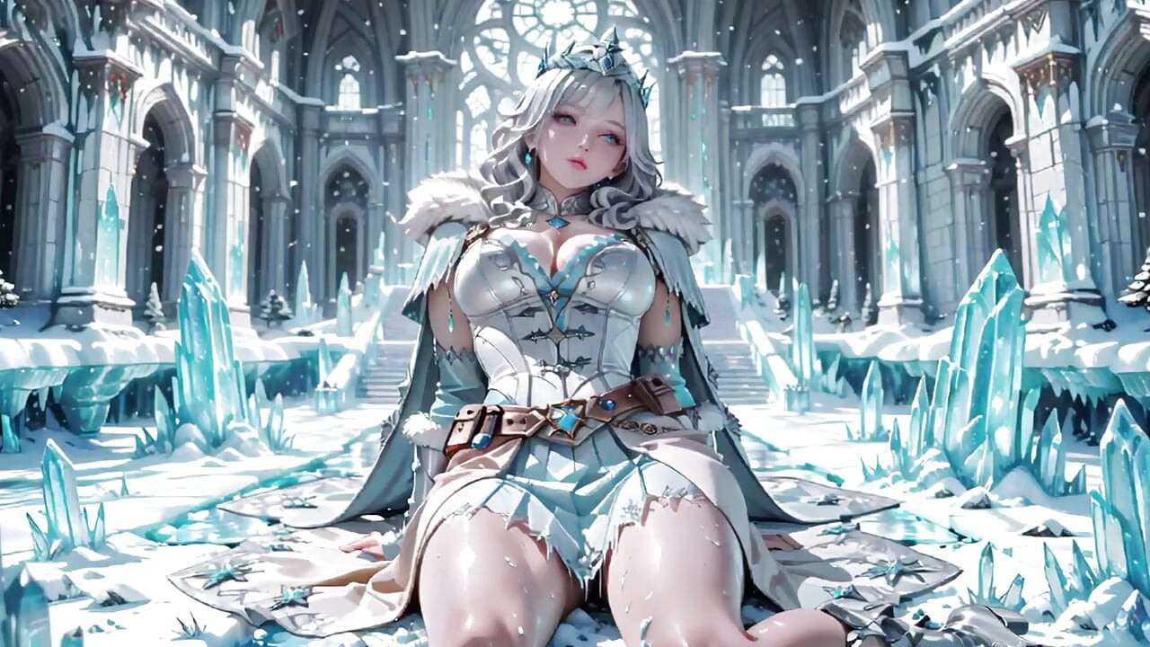 Silver-Haired Ice Queen! Kneeling in the Frozen Castle, her cold armor hides so many secrets. Hand on chest, biting lips...