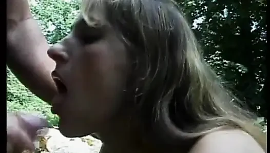 Horny slut teen sucking cock and swallowing outside
