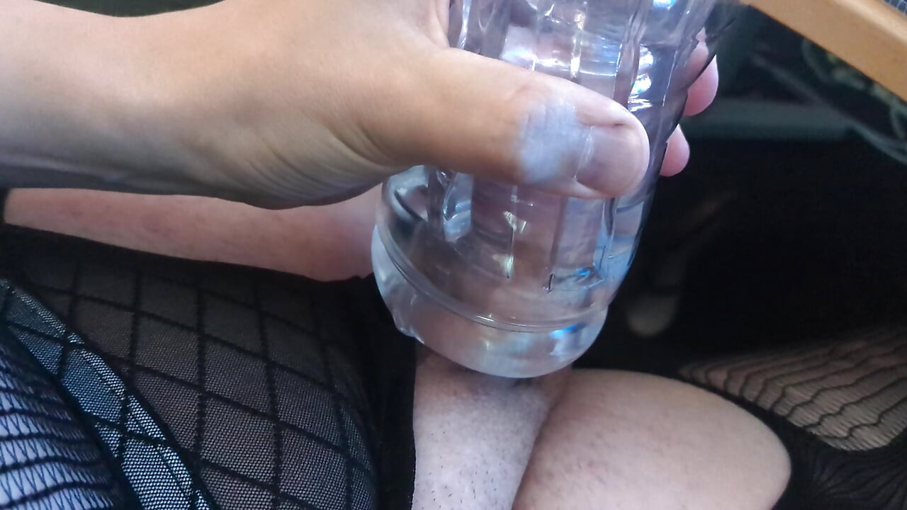 Hard throbbing girl cock playing with clear pussy toy and cumming inside