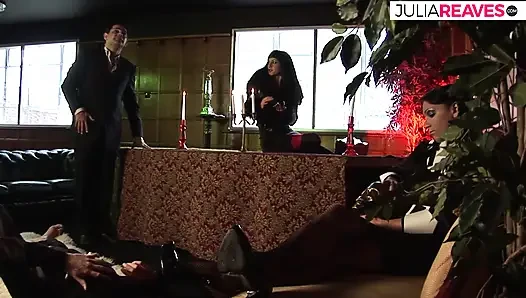 Hot babes sucks a cock then gets fucked in turns