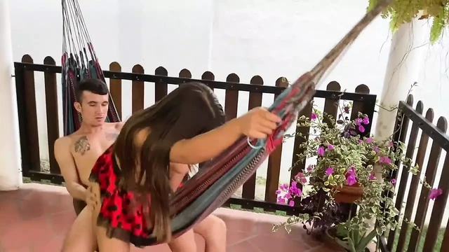 We go sneaking to fuck in a hammock until I ejaculate