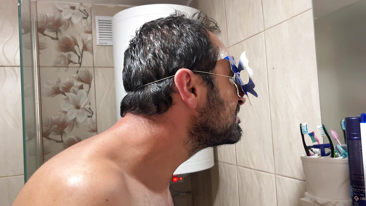 Grooming Routine Earl Smile Trimming Beard With Scissors In Bathroom