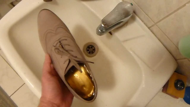 Piss in wifes lace-up high heel shoe