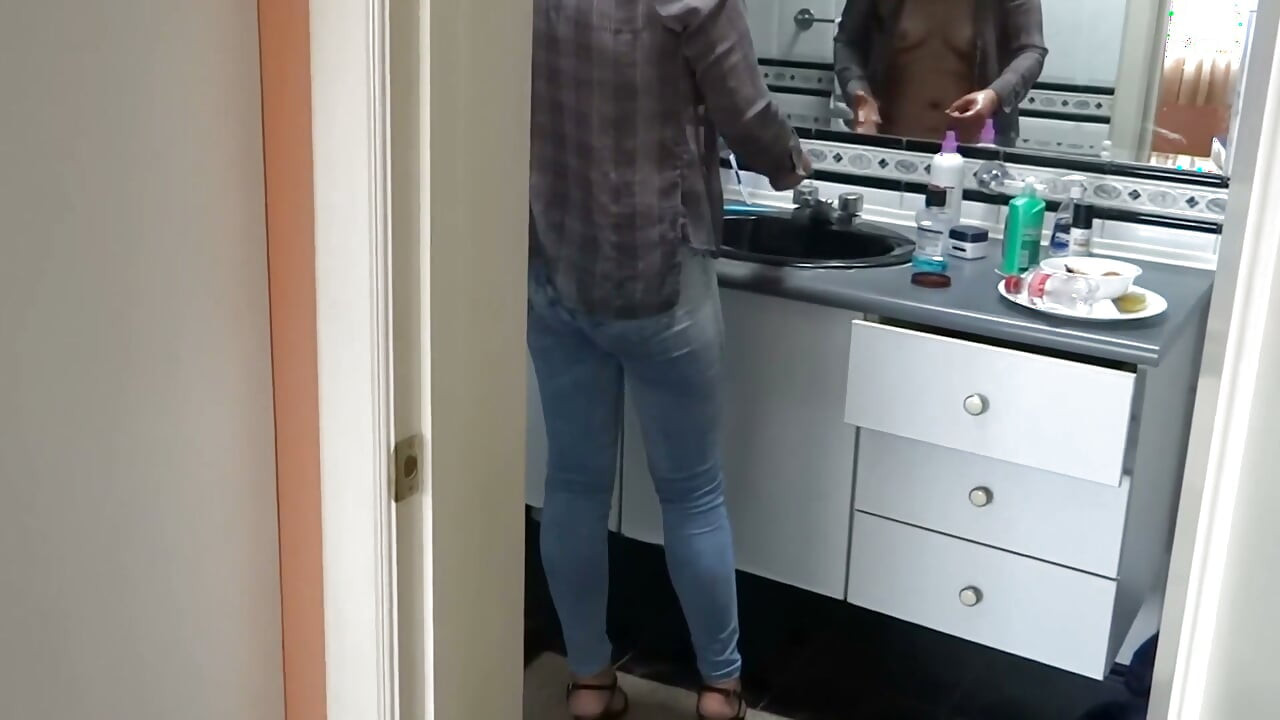 I jerk off while looking at my stepmother, and she gives me permission to cum three times in her big ass.