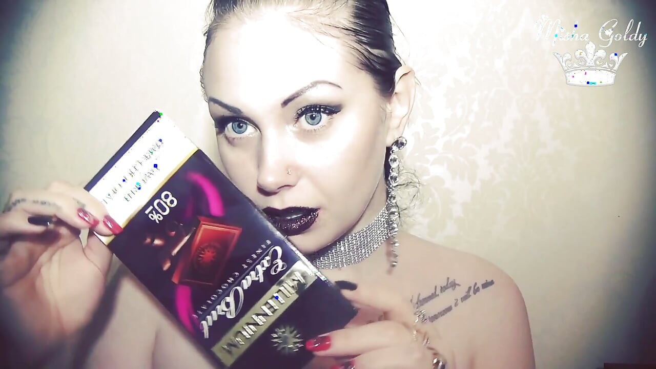 Brown glittery lips and sexy chocolate eating