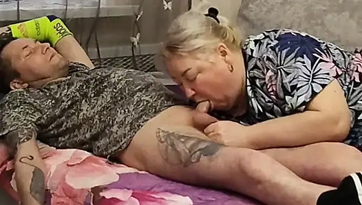Mother-in-law sucks cock to get a portion of hot cum in her mouth
